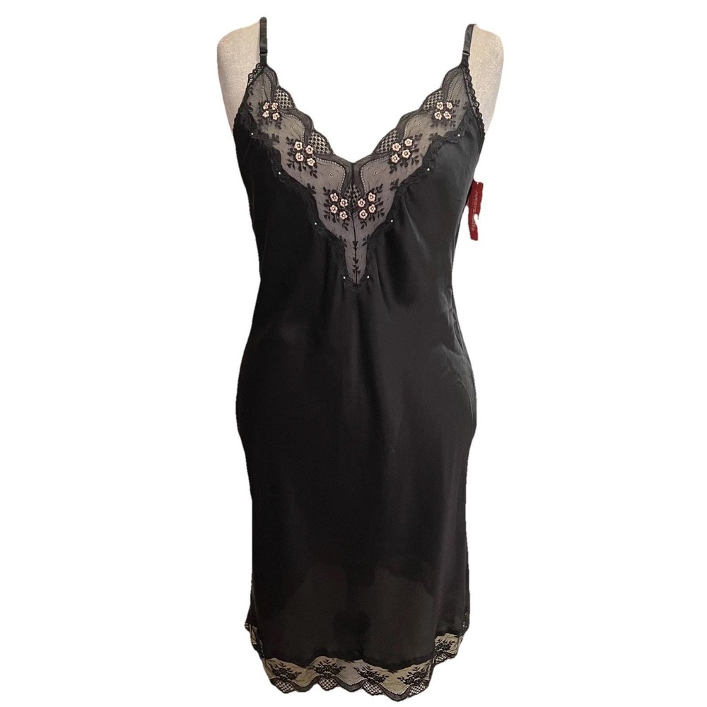 Barbizon Chemise Vtg Nightgown Medium Midi Black Lace Floral Embroidery 50s NWT